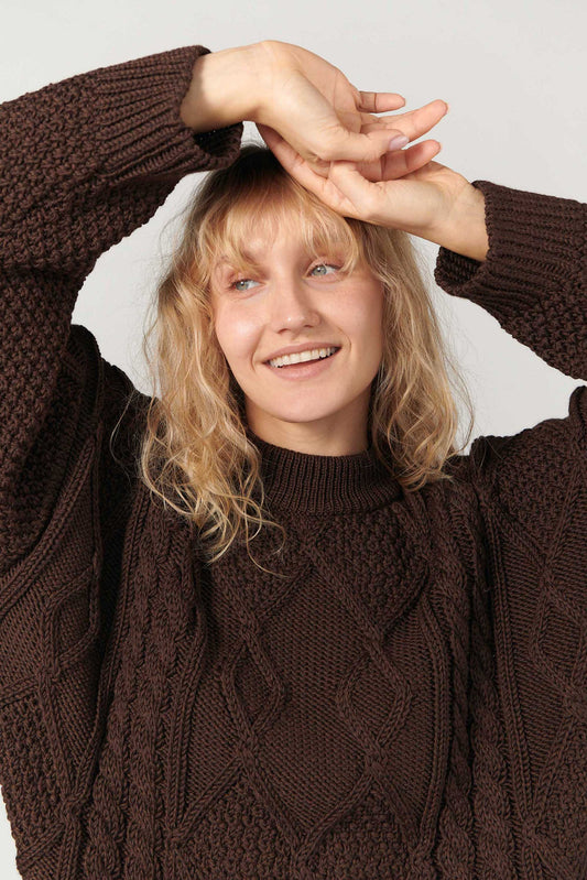 Nonna Cable Knit Merino Sweater in Chocolate