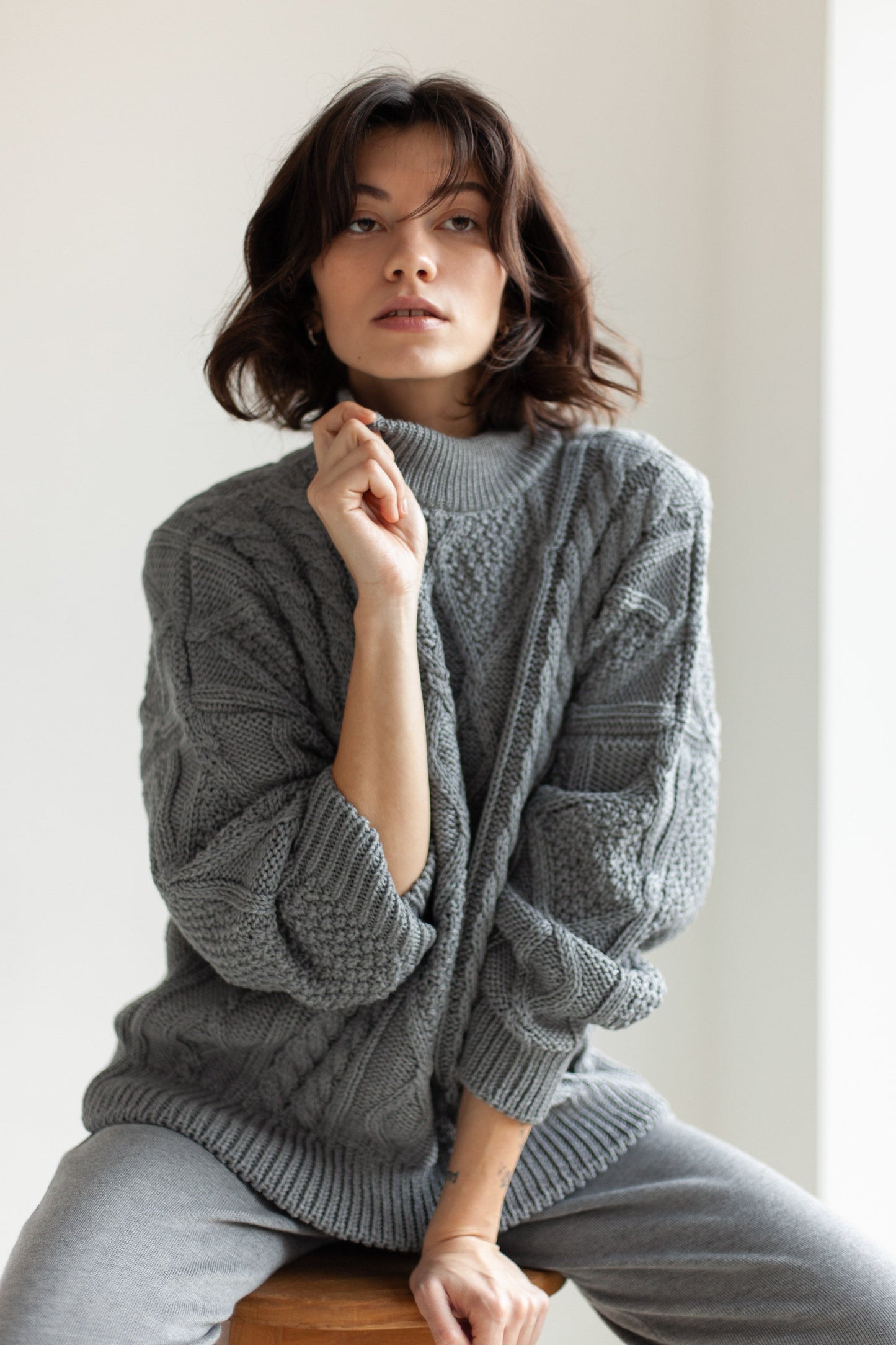 Nonna Cable Knit Merino Sweater in Grey