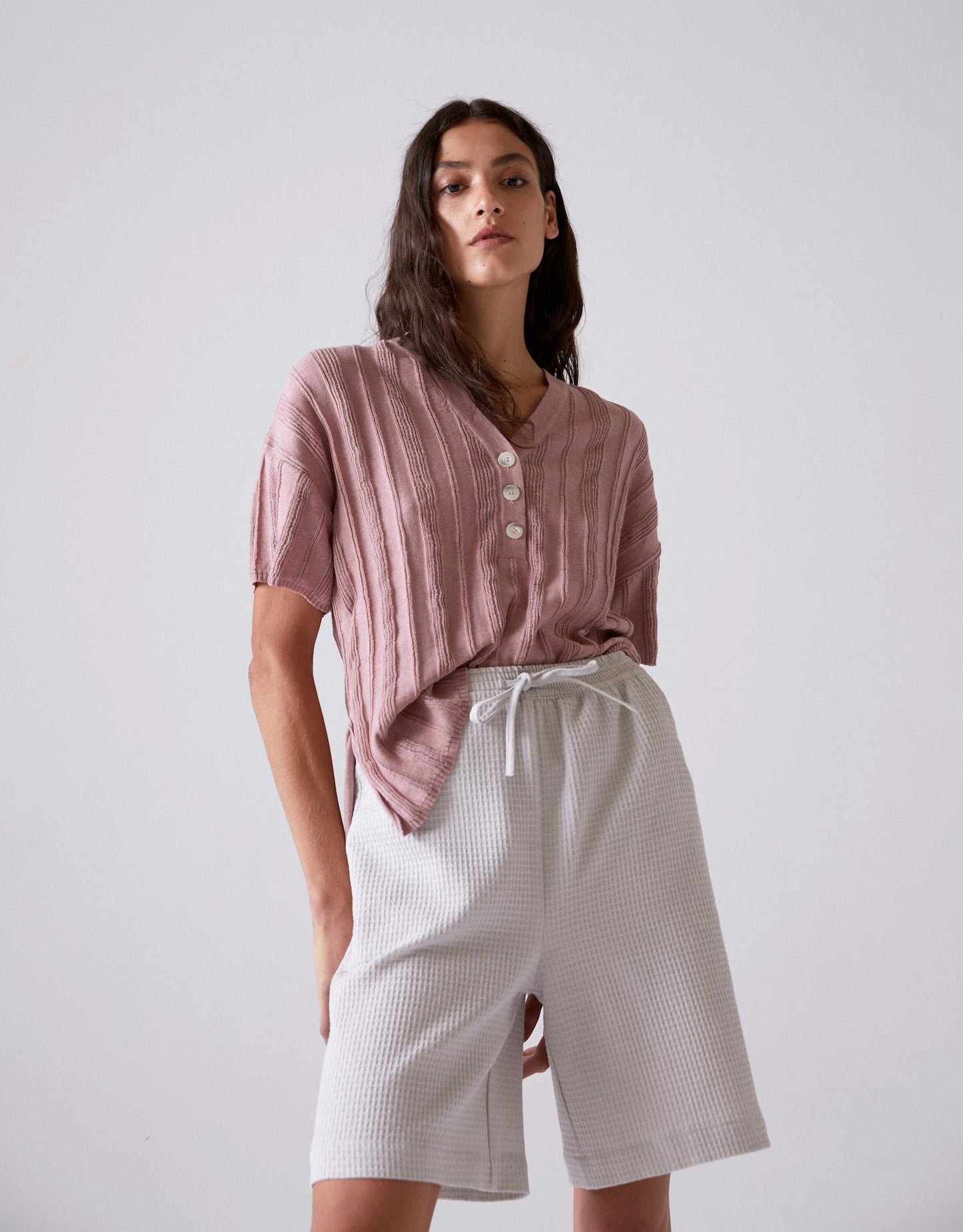 Aire Textured Polo Top in Taupe