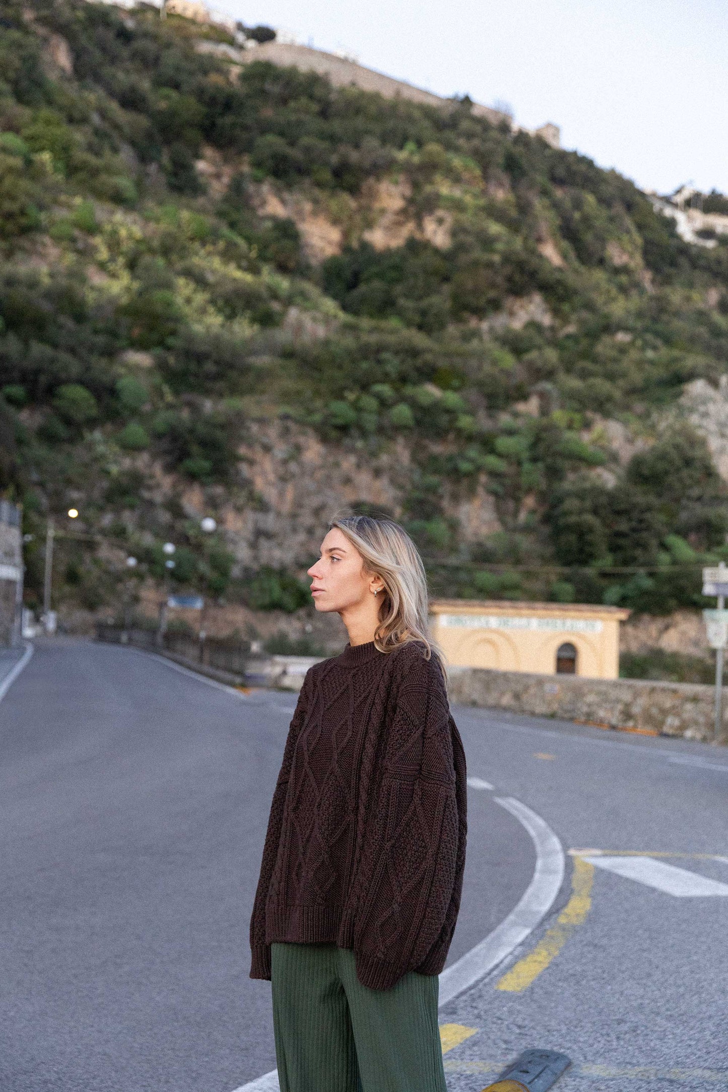 Nonna Cable Knit Merino Sweater in Chocolate