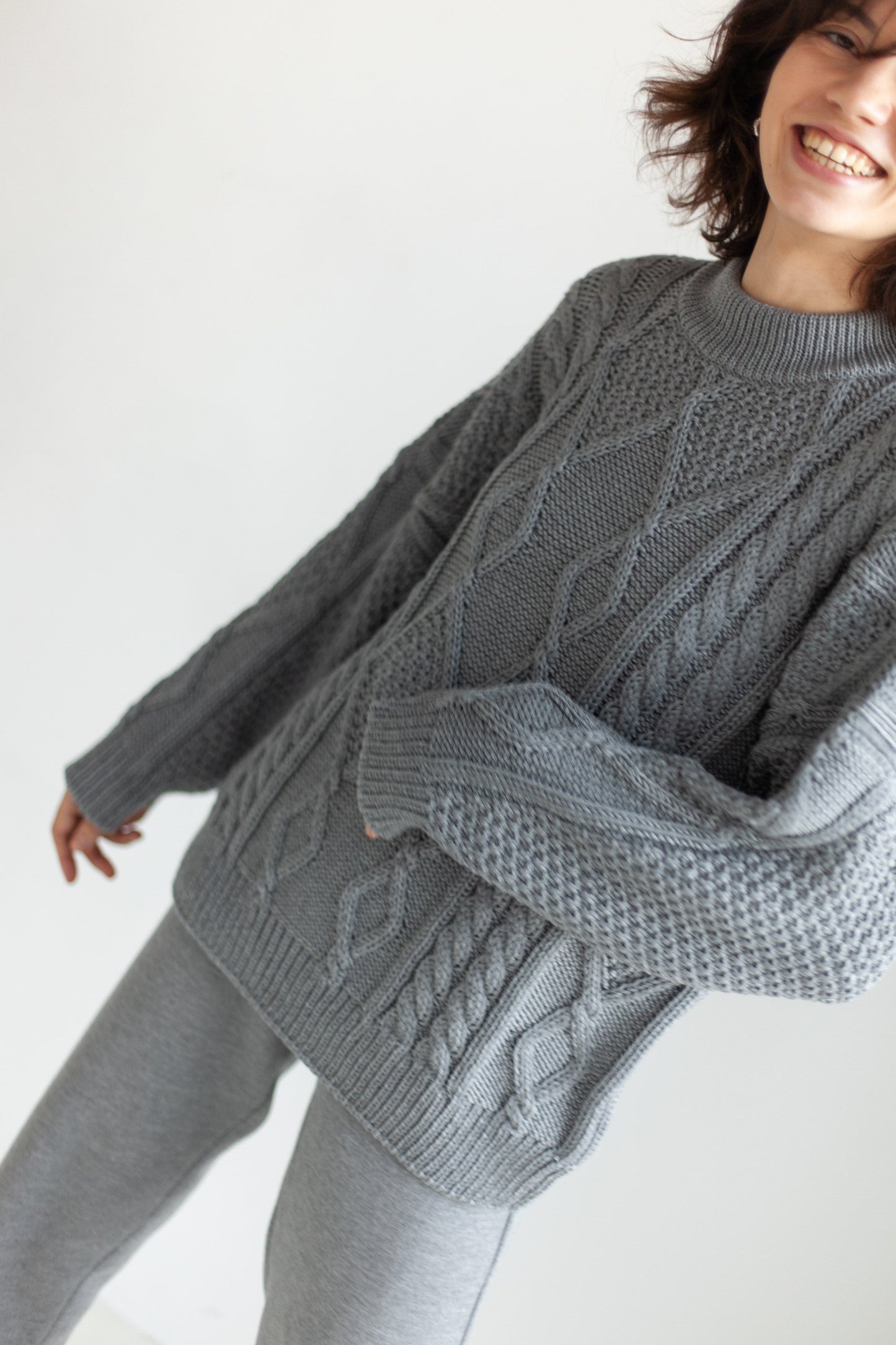 Nonna Cable Knit Merino Sweater in Grey