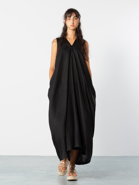 V-Neck Linen Maxi Dress in Black