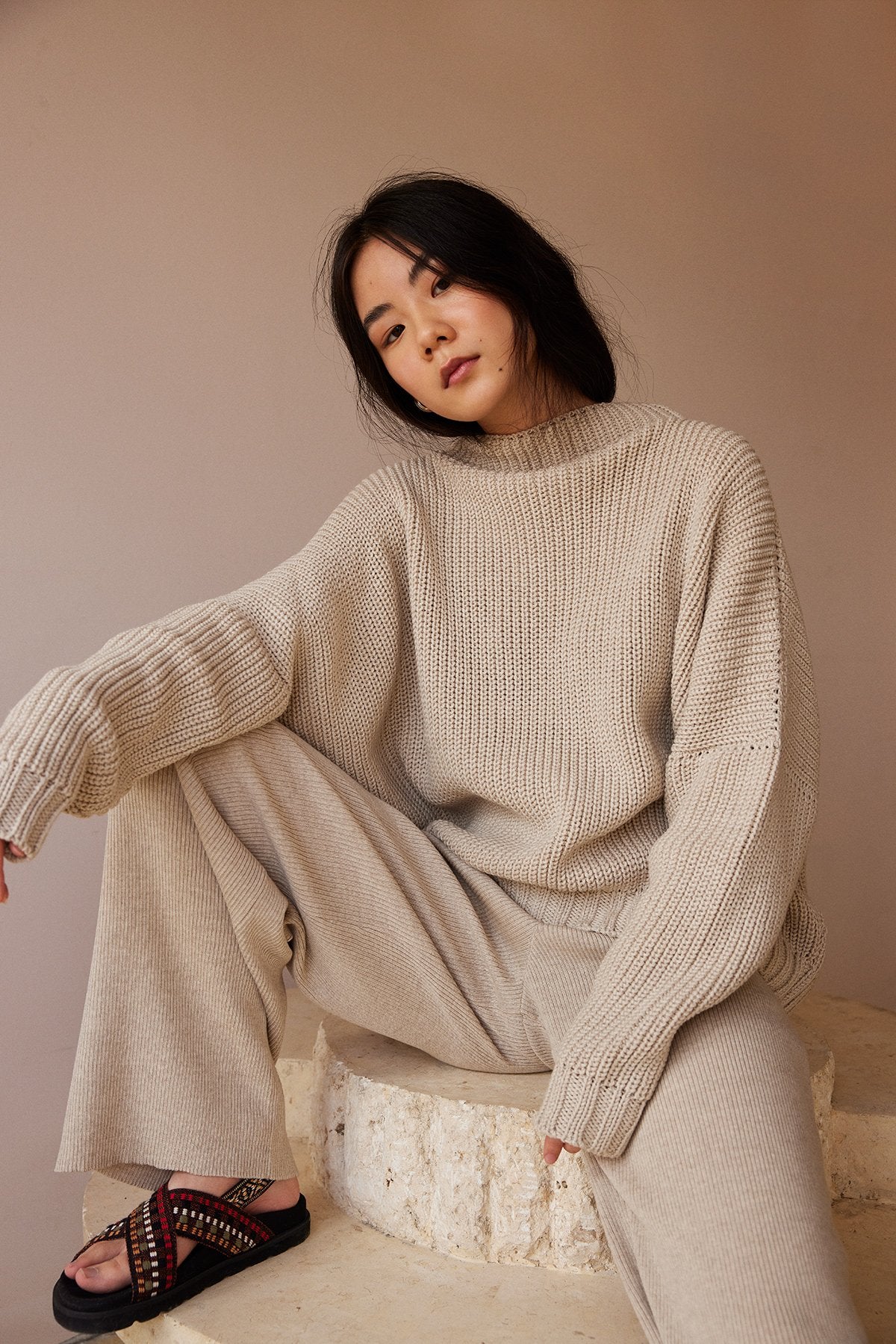 Ribbed Merino Trousers in Pearl