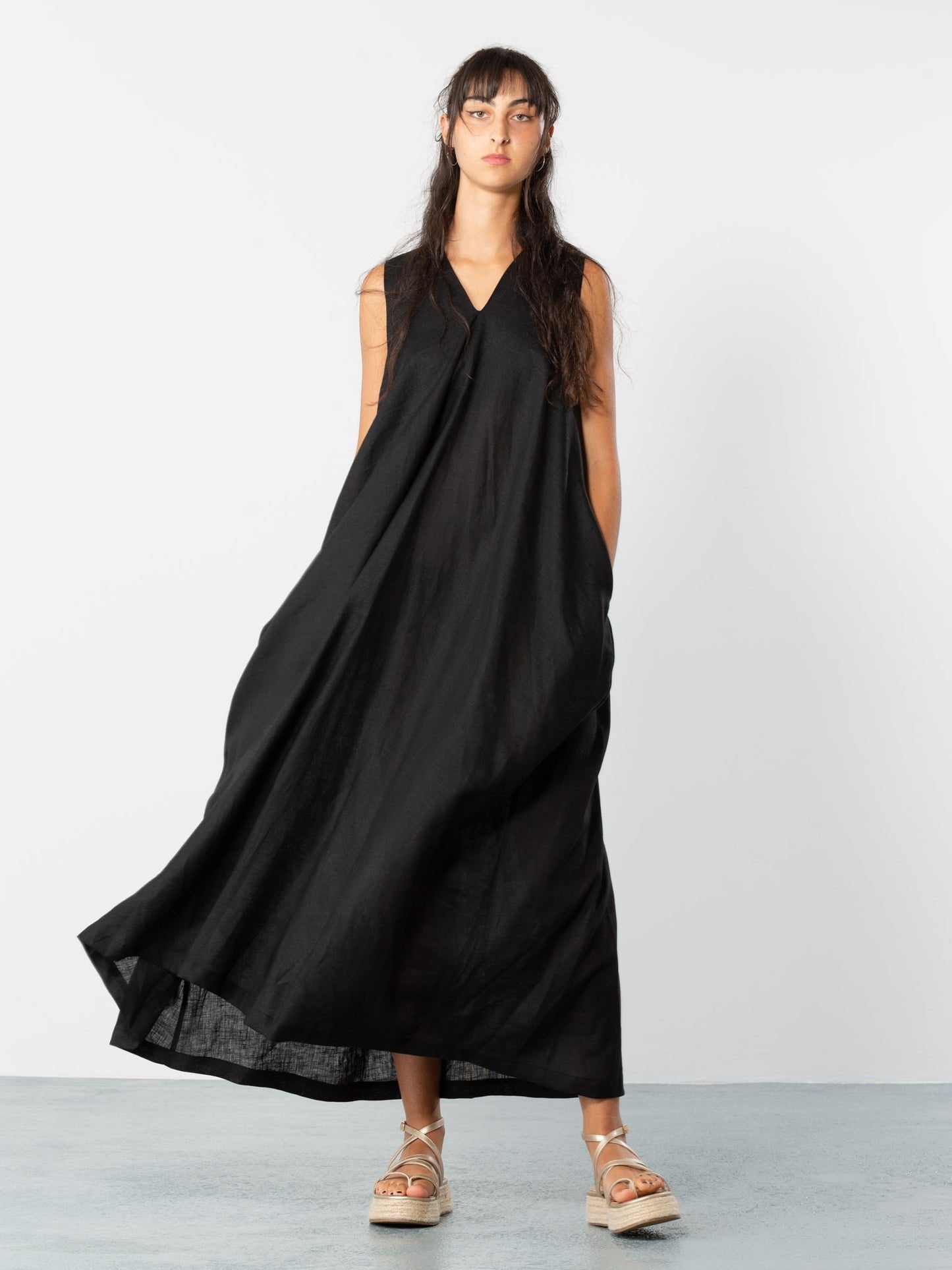 V-Neck Linen Maxi Dress in Black