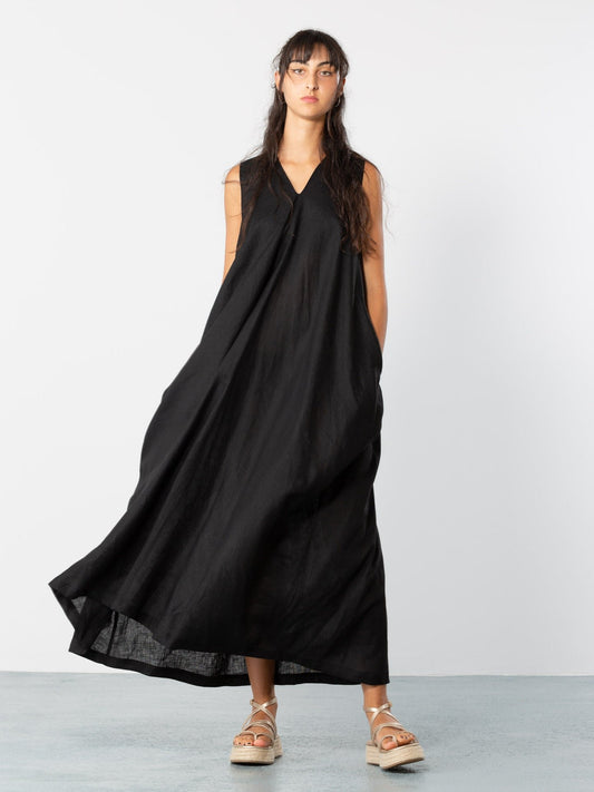 V-Neck Linen Maxi Dress in Black