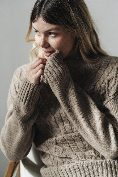 Amos Recycled Wool Cable Knit Sweater in Sand