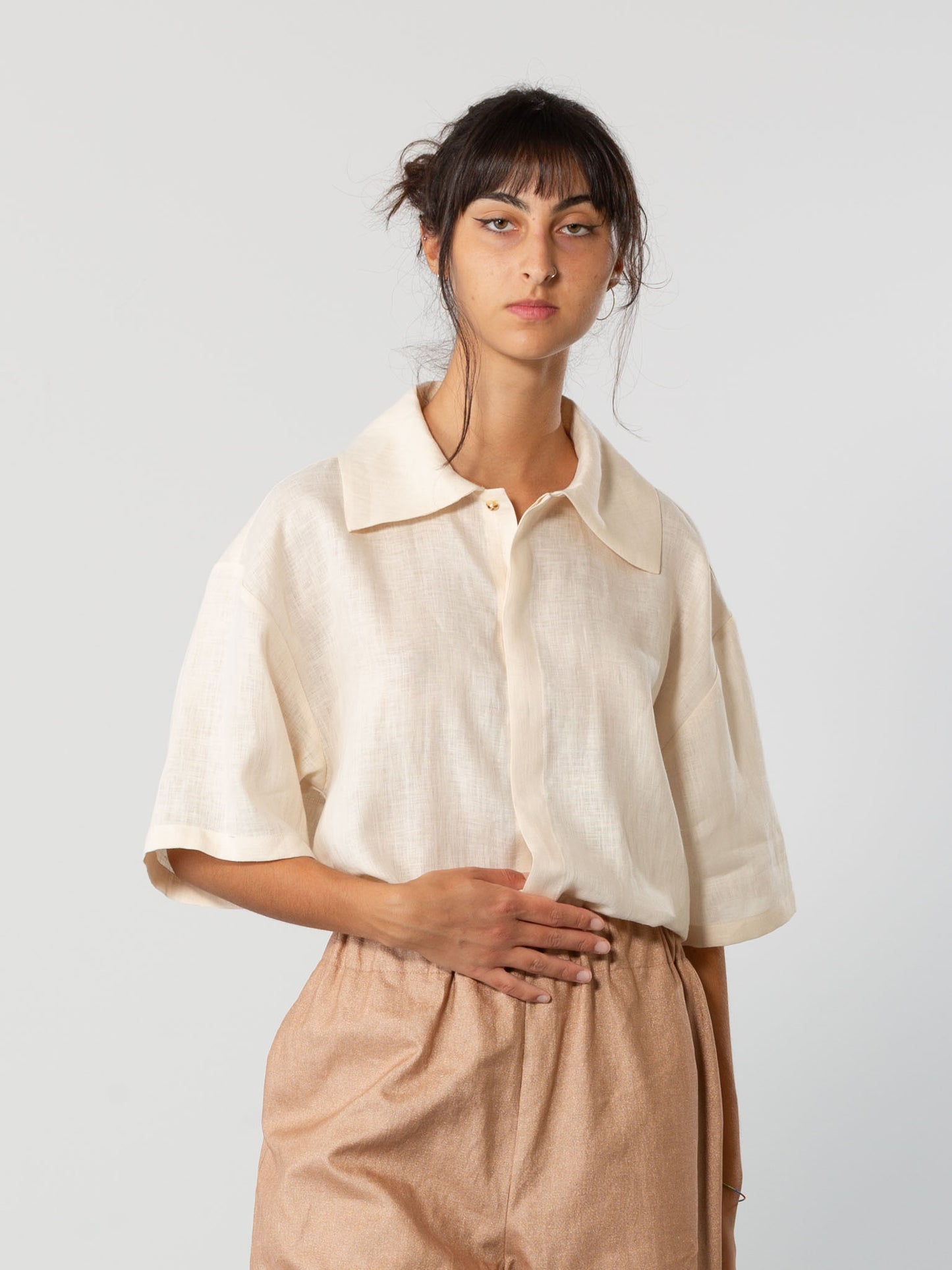 Mid Sleeve Linen Shirt in Ivory
