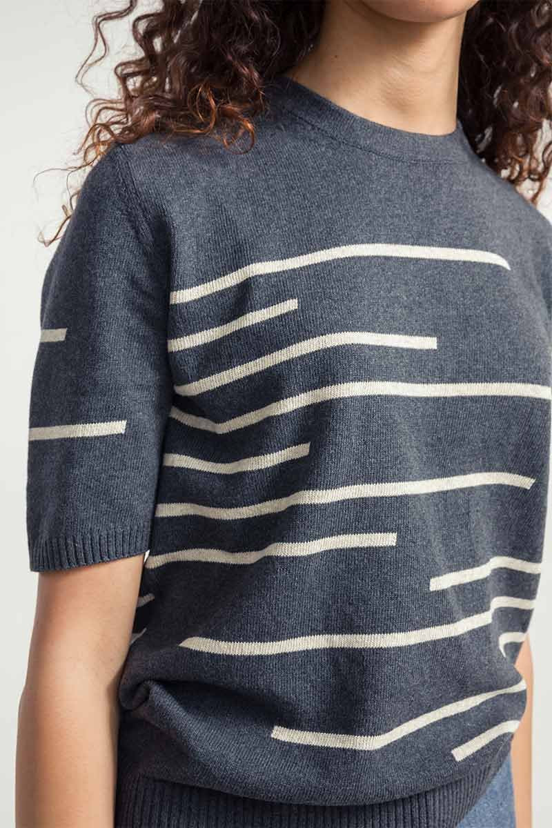 Adone Striped Organic Cotton T-Shirt in Anthracite Grey