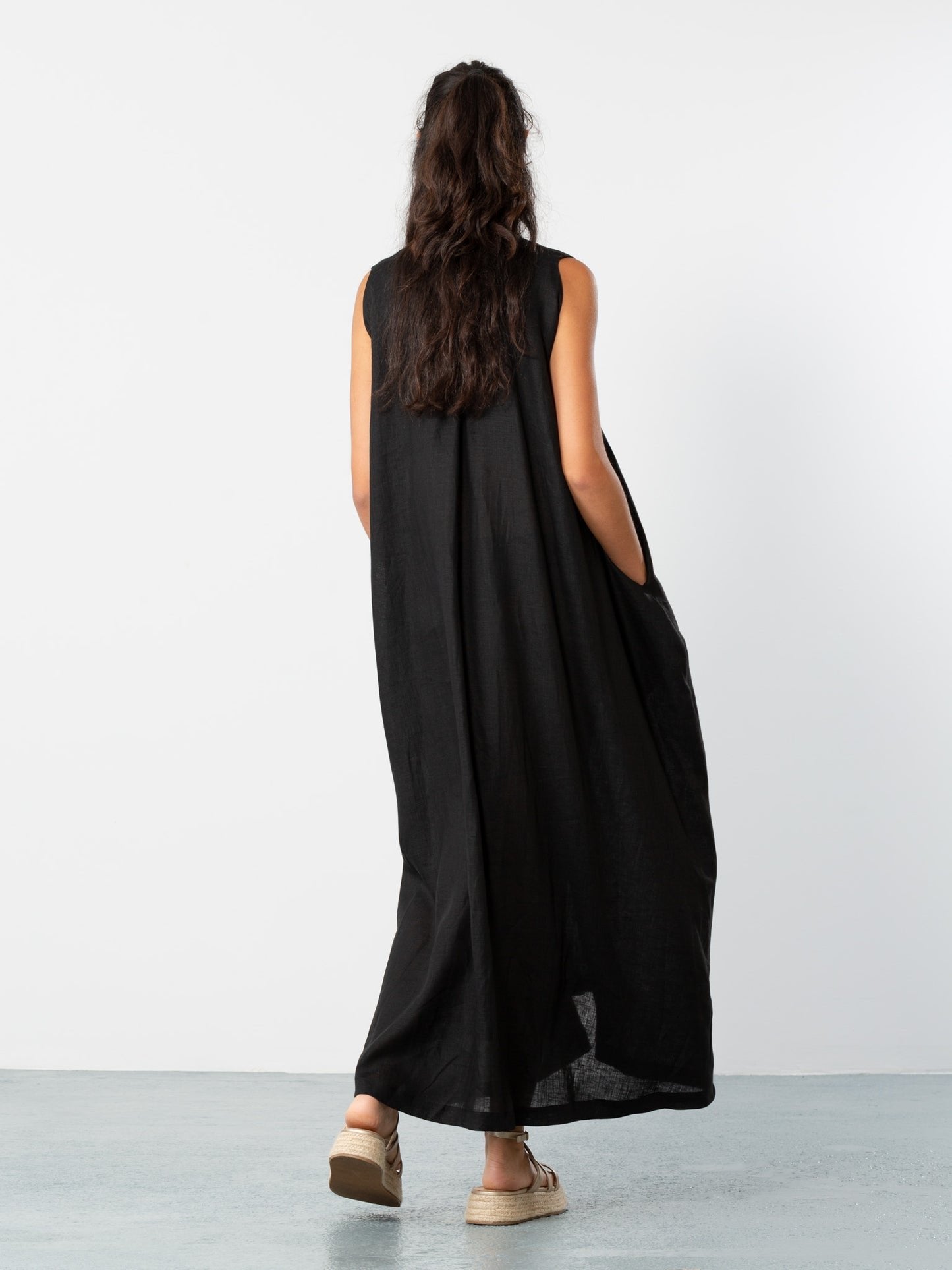 V-Neck Linen Maxi Dress in Black