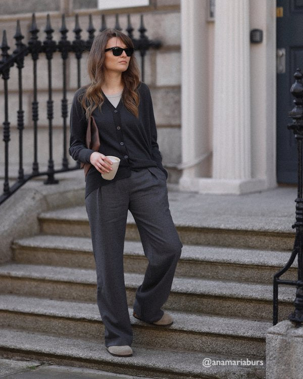 Wide Leg Wool Trousers in Grey