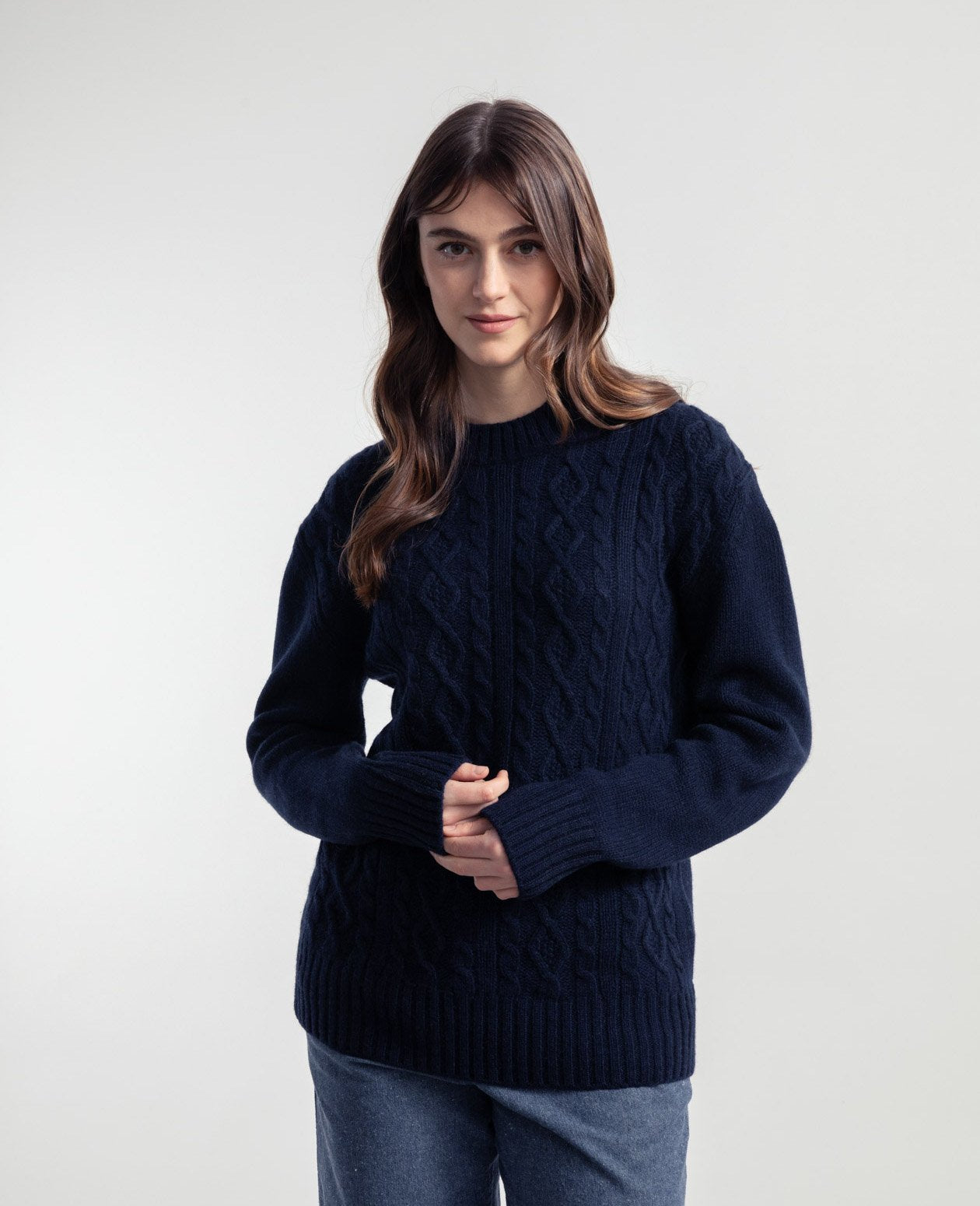 Amos Recycled Wool Cable Knit Sweater in Navy