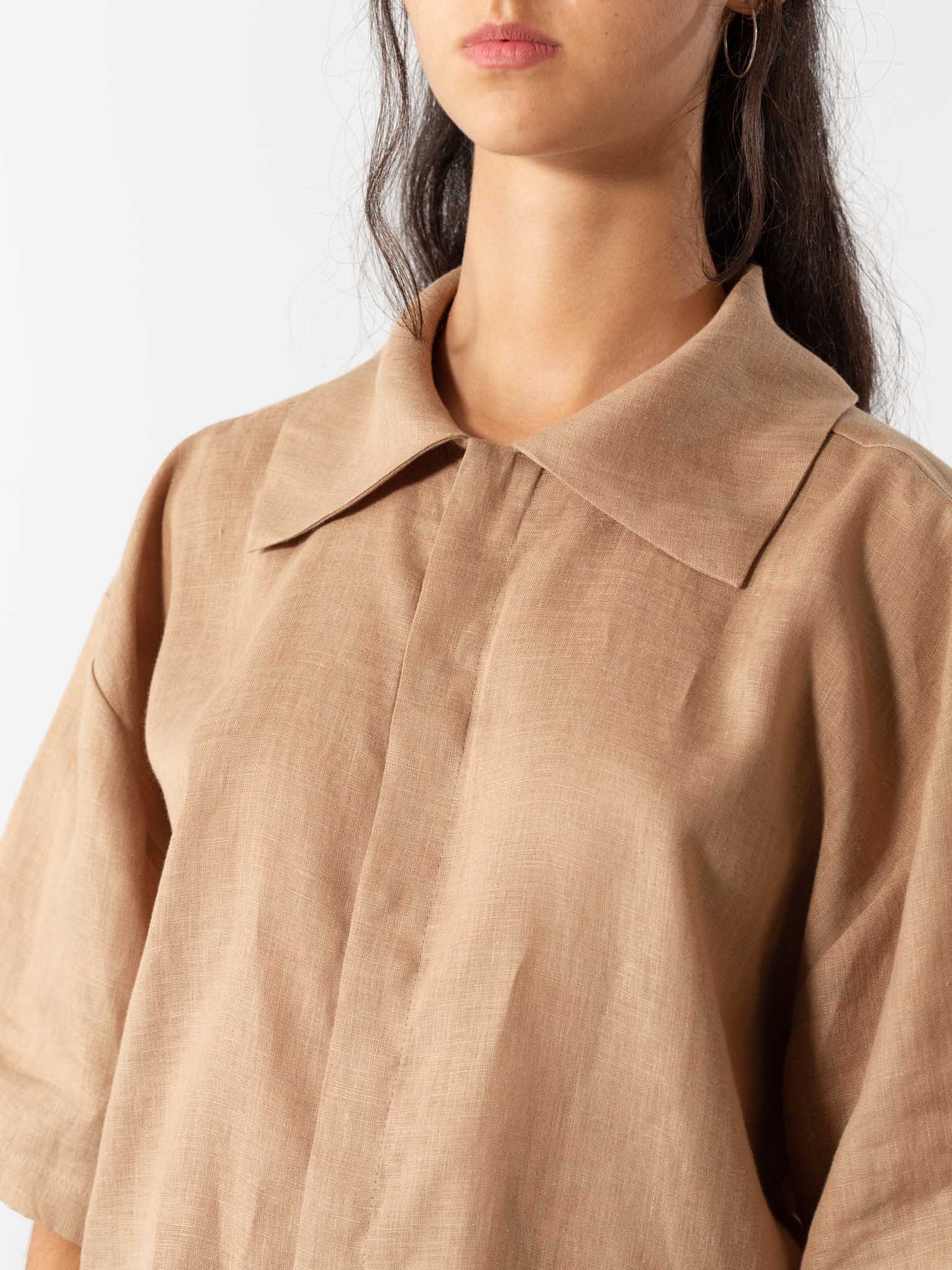 Mid Sleeve Linen Shirt in Camel