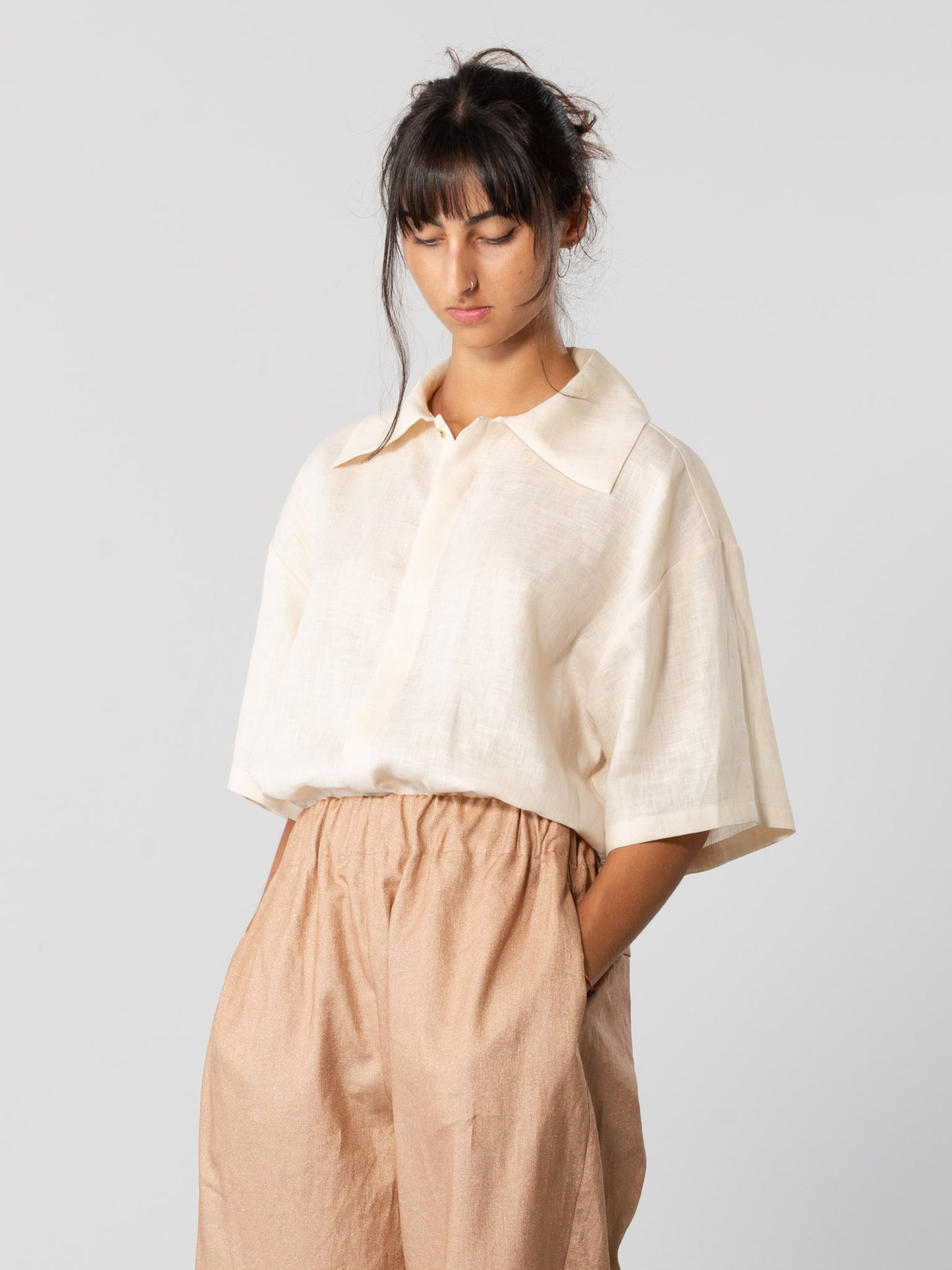 Mid Sleeve Linen Shirt in Ivory