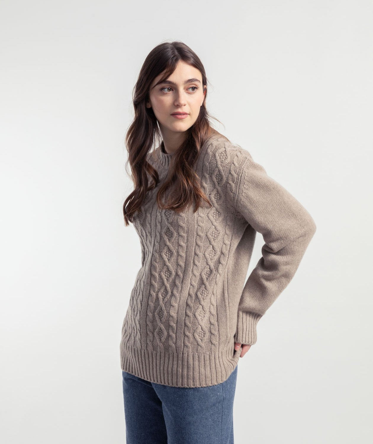 Amos Recycled Wool Cable Knit Sweater in Sand