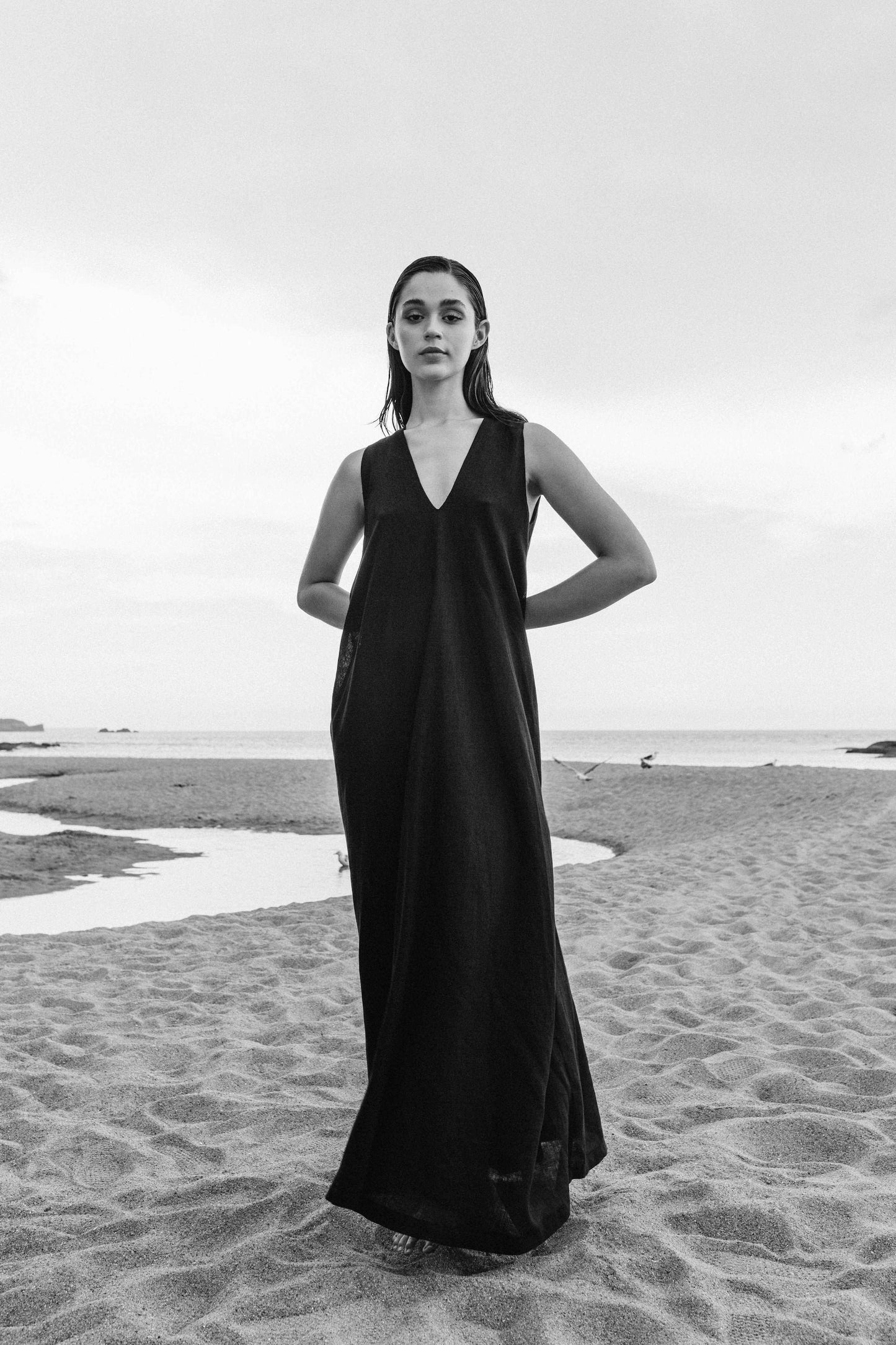V-Neck Linen Maxi Dress in Black